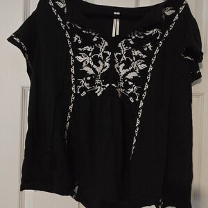 Anthropologie Black Top with White Embroidery